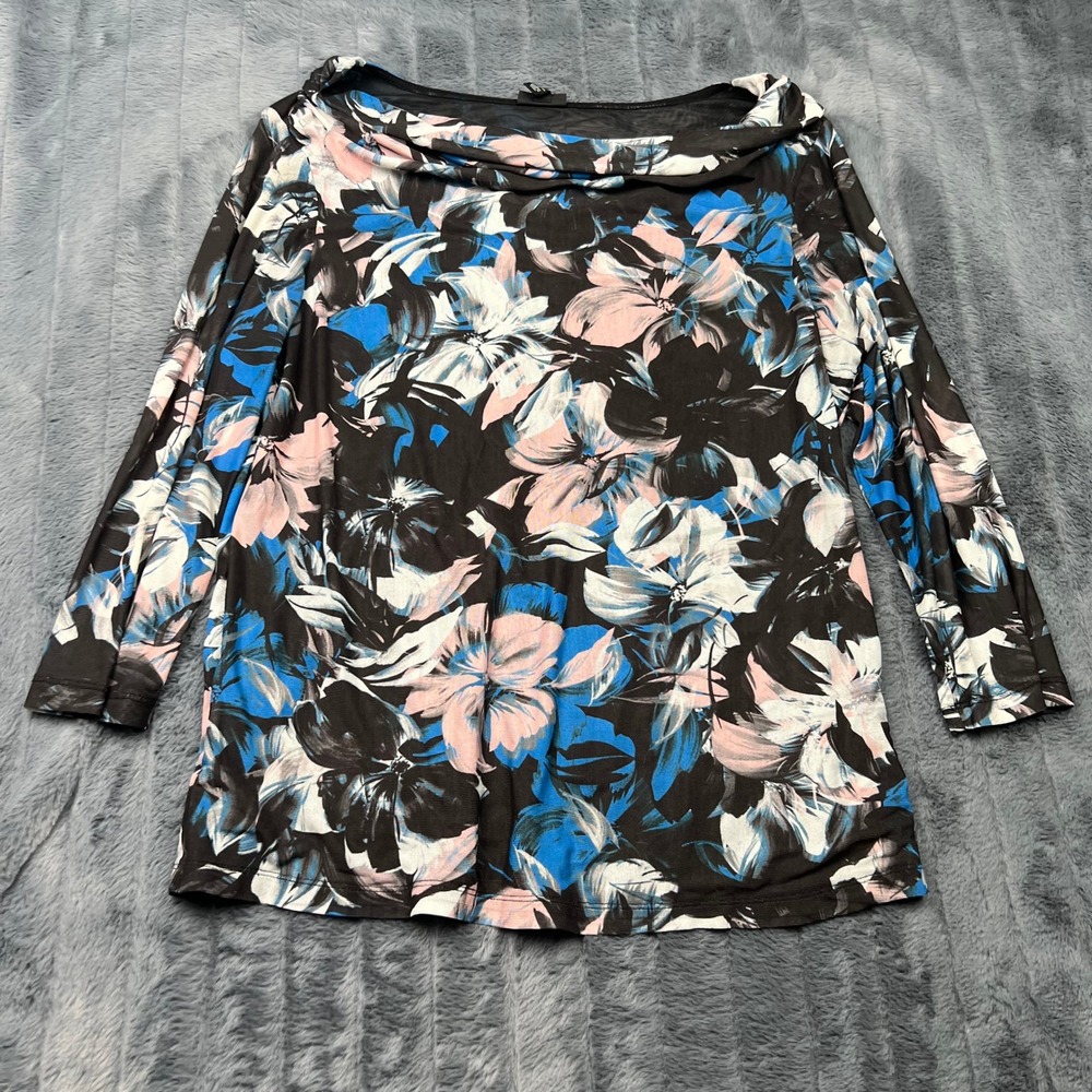 Investments Womens XL Floral Cowl Neck 3/4 Sleeve Mesh Top Blue Pink Black 15123